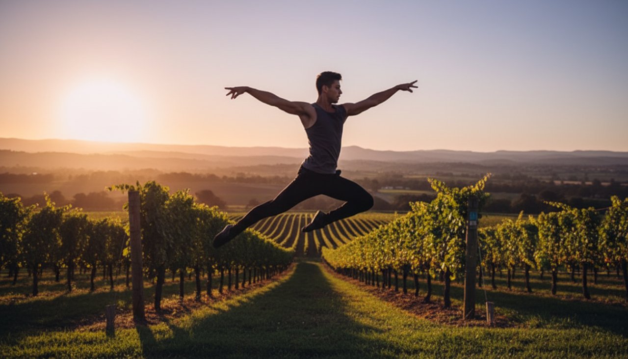 An enchanting dance photography Yering Estate Victoria scene, featuring a ballerina in a dynamic leap against the soft golden light of a Yering vineyard at sunset, capturing an epic moment of grace.