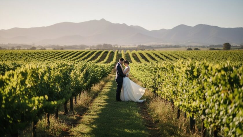 An emotionally resonant, cinematic fine art portrait capturing a couple embraced in an enchanting moment amidst the golden hour glow of Seville East vineyards, emphasizing the beauty of enchanting fine art photography Seville East vineyards.