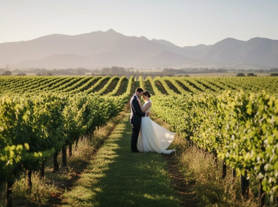 An emotionally resonant, cinematic fine art portrait capturing a couple embraced in an enchanting moment amidst the golden hour glow of Seville East vineyards, emphasizing the beauty of enchanting fine art photography Seville East vineyards.