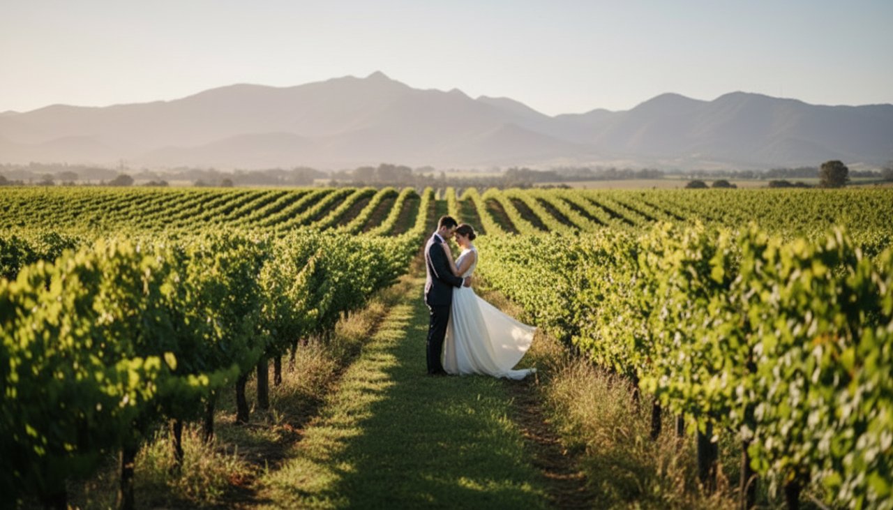 An emotionally resonant, cinematic fine art portrait capturing a couple embraced in an enchanting moment amidst the golden hour glow of Seville East vineyards, emphasizing the beauty of enchanting fine art photography Seville East vineyards.