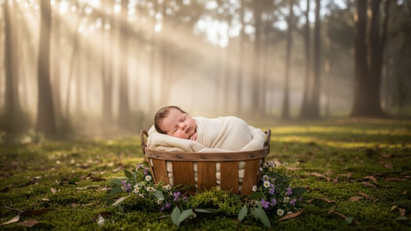 A heartwarming 'epic moment' photograph capturing an enchanting Gembrook newborn photoshoot, with a sleeping baby swaddled in soft fabrics, surrounded by rustic, natural elements reminiscent of the Dandenong Ranges, bathed in soft, golden hour light filtering through tall eucalyptus trees, evoking pure serenity.