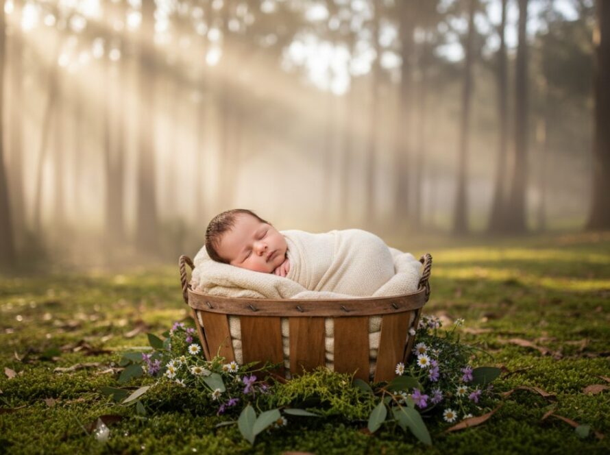 A heartwarming 'epic moment' photograph capturing an enchanting Gembrook newborn photoshoot, with a sleeping baby swaddled in soft fabrics, surrounded by rustic, natural elements reminiscent of the Dandenong Ranges, bathed in soft, golden hour light filtering through tall eucalyptus trees, evoking pure serenity.