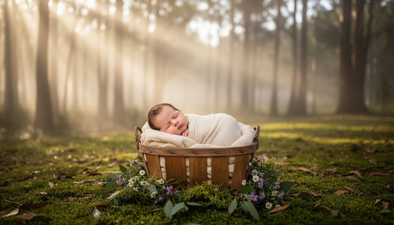 A heartwarming 'epic moment' photograph capturing an enchanting Gembrook newborn photoshoot, with a sleeping baby swaddled in soft fabrics, surrounded by rustic, natural elements reminiscent of the Dandenong Ranges, bathed in soft, golden hour light filtering through tall eucalyptus trees, evoking pure serenity.