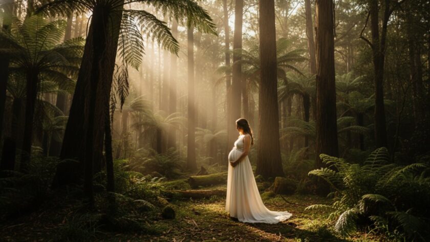 A pregnant woman in a flowing gown stands amidst the misty, towering trees of Sherbrooke Forest during an enchanting Kallista Dandenongs maternity photoshoot, bathed in soft, golden hour light, capturing a serene and powerful epic moment.