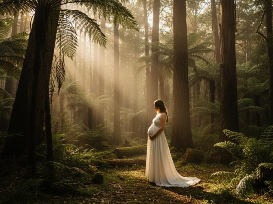 A pregnant woman in a flowing gown stands amidst the misty, towering trees of Sherbrooke Forest during an enchanting Kallista Dandenongs maternity photoshoot, bathed in soft, golden hour light, capturing a serene and powerful epic moment.