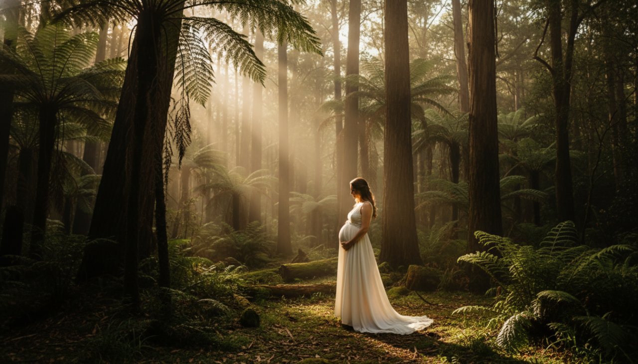 A pregnant woman in a flowing gown stands amidst the misty, towering trees of Sherbrooke Forest during an enchanting Kallista Dandenongs maternity photoshoot, bathed in soft, golden hour light, capturing a serene and powerful epic moment.