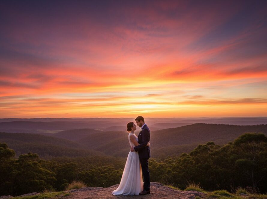 An enchanting Kalorama pre-wedding photoshoot Dandenong Ranges sunset captures a couple silhouetted against a vibrant orange and purple sky, sharing a tender embrace on a scenic lookout, conveying a magical, cinematic moment.