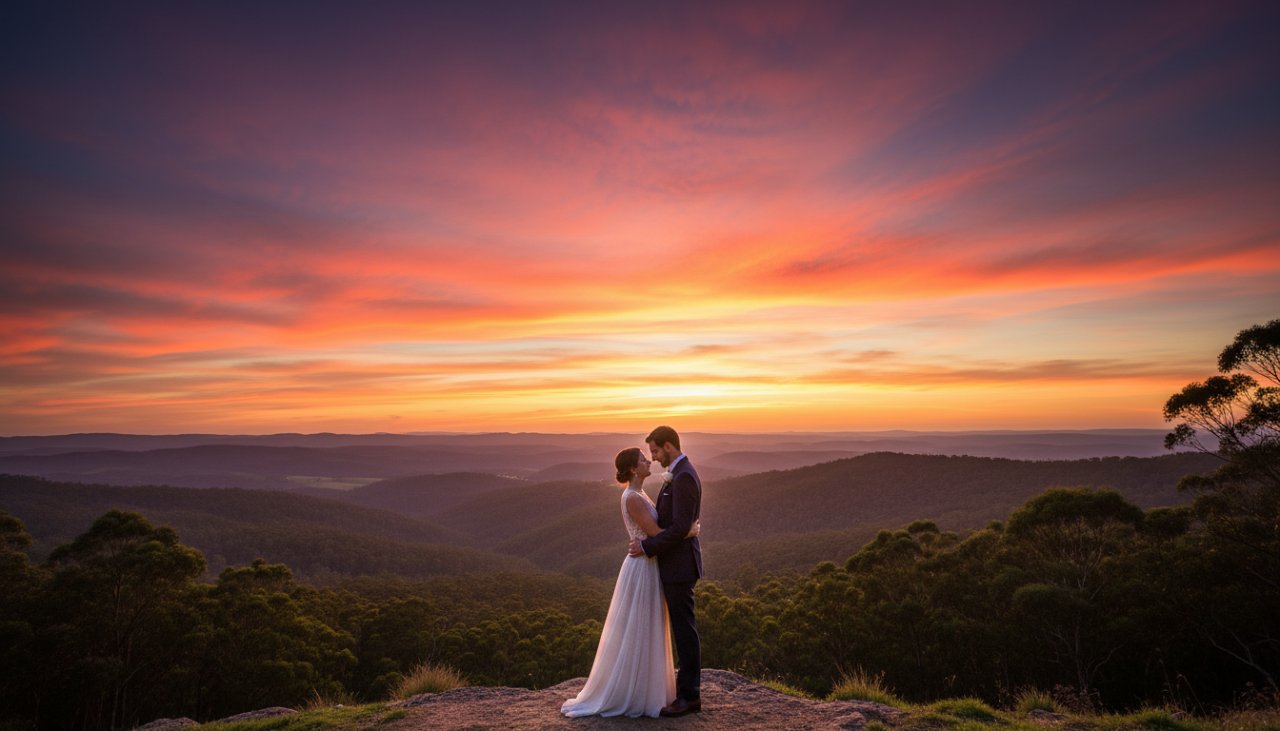 An enchanting Kalorama pre-wedding photoshoot Dandenong Ranges sunset captures a couple silhouetted against a vibrant orange and purple sky, sharing a tender embrace on a scenic lookout, conveying a magical, cinematic moment.
