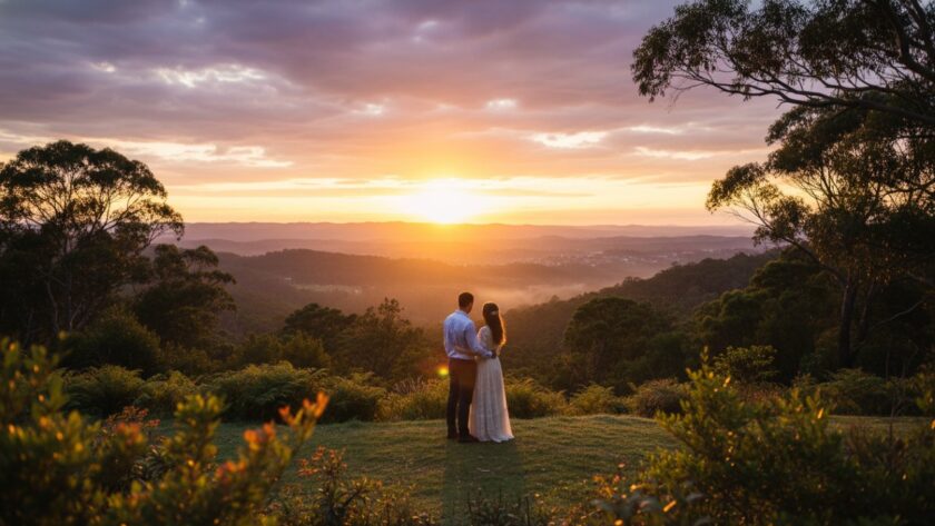A breathtaking, romantic 'epic moment' photograph capturing an engaged couple embracing at sunset amidst the lush, natural beauty of an enchanting Montrose pre-wedding photoshoot Dandenong foothills, with golden light filtering through eucalypt trees.