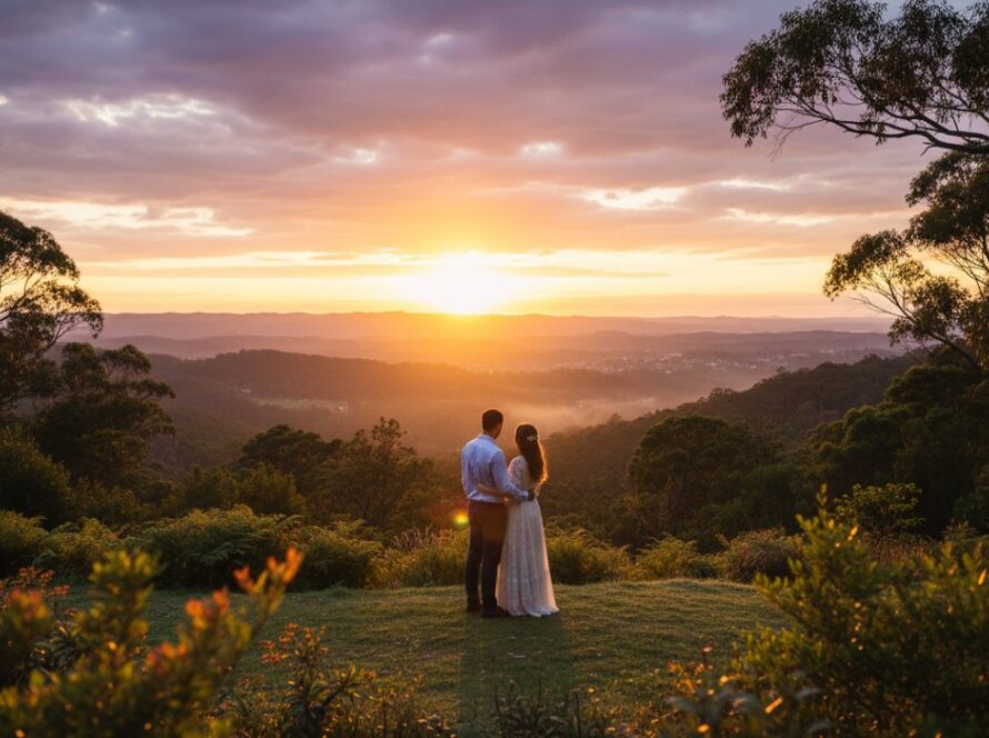 A breathtaking, romantic 'epic moment' photograph capturing an engaged couple embracing at sunset amidst the lush, natural beauty of an enchanting Montrose pre-wedding photoshoot Dandenong foothills, with golden light filtering through eucalypt trees.