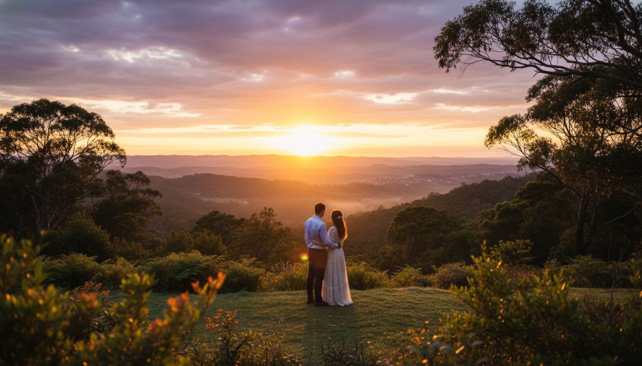 A breathtaking, romantic 'epic moment' photograph capturing an engaged couple embracing at sunset amidst the lush, natural beauty of an enchanting Montrose pre-wedding photoshoot Dandenong foothills, with golden light filtering through eucalypt trees.
