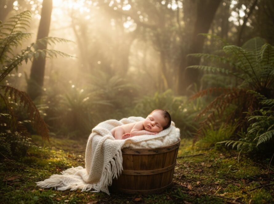 A serene, artistic close-up of a sleeping baby in a soft, handcrafted wrap, bathed in gentle natural light, with a hint of Olinda's lush forest backdrop, embodying enchanting newborn photography Olinda Victoria Dandenongs.
