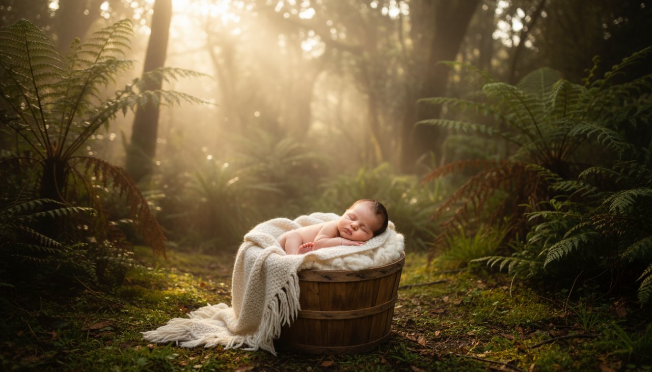 A serene, artistic close-up of a sleeping baby in a soft, handcrafted wrap, bathed in gentle natural light, with a hint of Olinda's lush forest backdrop, embodying enchanting newborn photography Olinda Victoria Dandenongs.