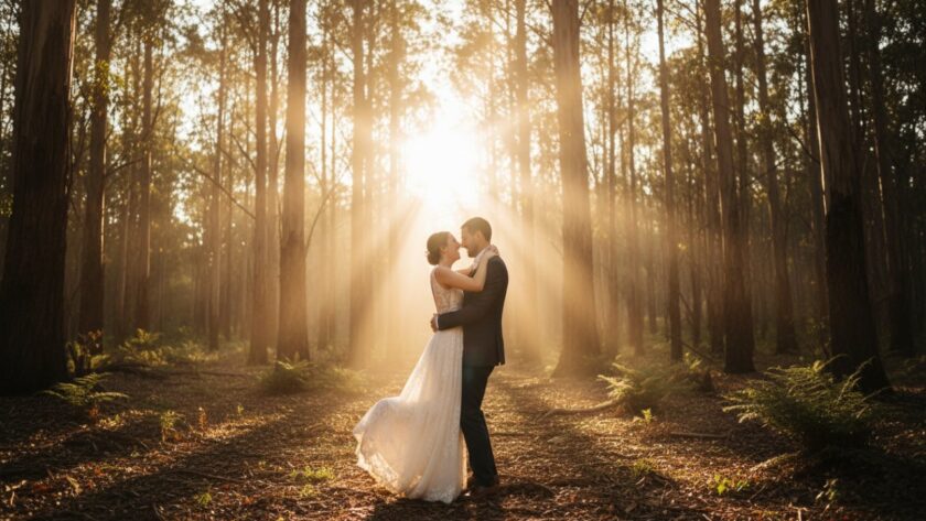 A breathtaking, wide-angle 'epic moment' photograph of a newlywed couple embracing passionately under a canopy of ancient eucalyptus trees in a sun-dappled forest clearing in Selby, Victoria, bathed in golden hour light, showcasing enchanting Selby Victoria wedding photography moments.
