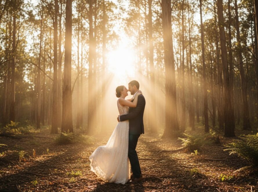 A breathtaking, wide-angle 'epic moment' photograph of a newlywed couple embracing passionately under a canopy of ancient eucalyptus trees in a sun-dappled forest clearing in Selby, Victoria, bathed in golden hour light, showcasing enchanting Selby Victoria wedding photography moments.
