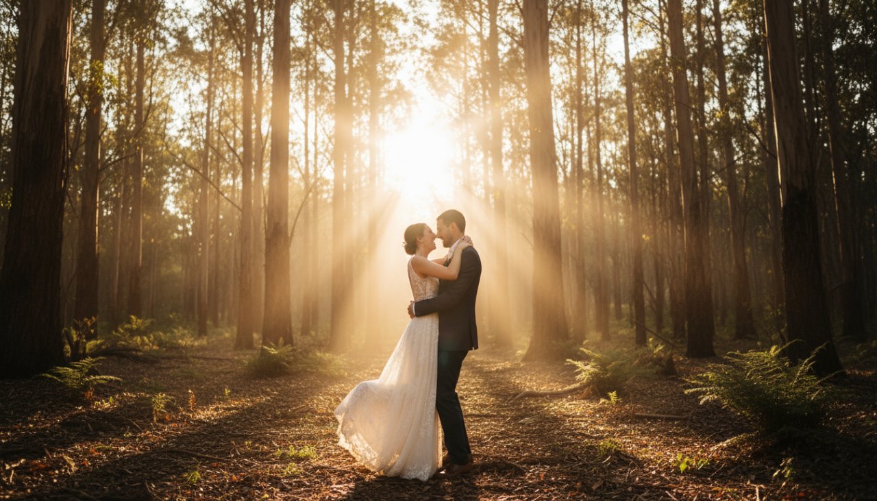 A breathtaking, wide-angle 'epic moment' photograph of a newlywed couple embracing passionately under a canopy of ancient eucalyptus trees in a sun-dappled forest clearing in Selby, Victoria, bathed in golden hour light, showcasing enchanting Selby Victoria wedding photography moments.