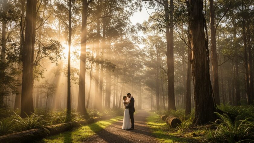 An enchanting Sherbrooke pre-wedding photography experience featuring a couple embracing passionately amidst the misty Dandenong Ranges at sunset, with golden light filtering through tall eucalyptus trees, captured in an epic, cinematic wide shot.