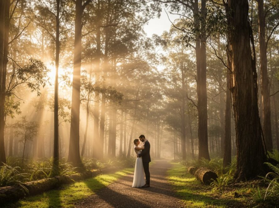 An enchanting Sherbrooke pre-wedding photography experience featuring a couple embracing passionately amidst the misty Dandenong Ranges at sunset, with golden light filtering through tall eucalyptus trees, captured in an epic, cinematic wide shot.
