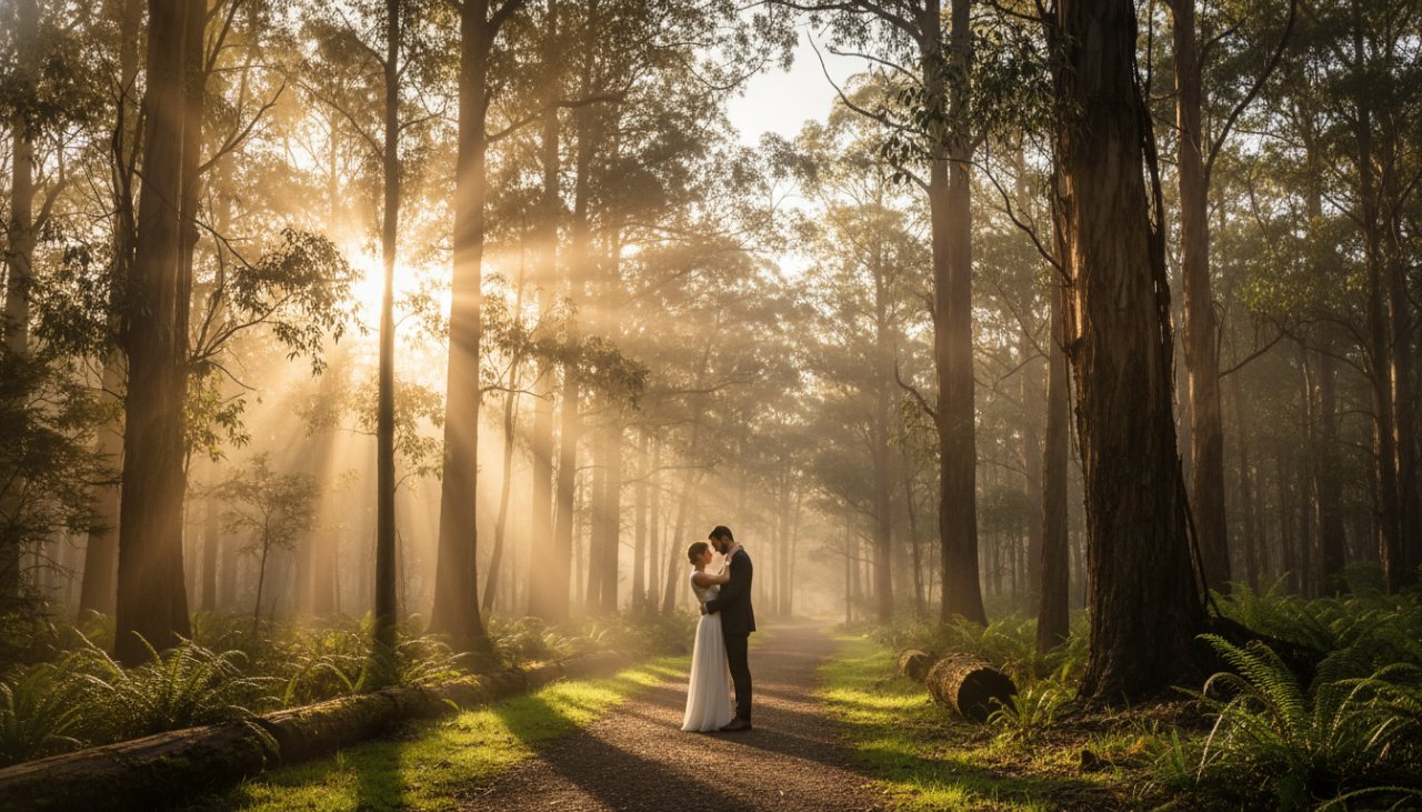 An enchanting Sherbrooke pre-wedding photography experience featuring a couple embracing passionately amidst the misty Dandenong Ranges at sunset, with golden light filtering through tall eucalyptus trees, captured in an epic, cinematic wide shot.