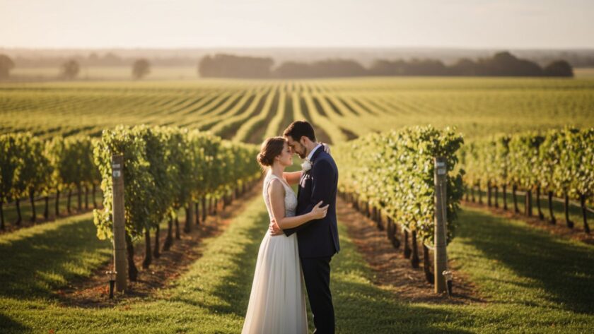 A newly engaged couple sharing a tender embrace amidst the golden hour glow of a tranquil vineyard in Somerville, Victoria, showcasing enchanting Somerville pre-wedding photoshoot Victoria moments.
