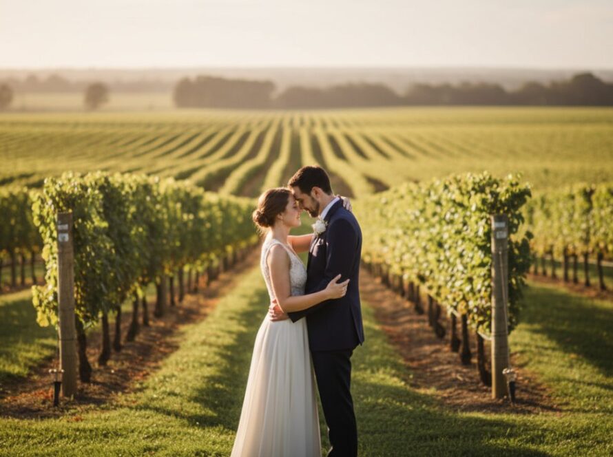 A newly engaged couple sharing a tender embrace amidst the golden hour glow of a tranquil vineyard in Somerville, Victoria, showcasing enchanting Somerville pre-wedding photoshoot Victoria moments.