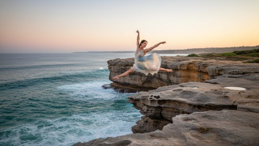 An epic moment of a dancer in full elegant extension against the backdrop of the rugged coastline and shimmering turquoise waters of Sorrento, Victoria, bathed in golden hour light, highlighting the captivating beauty of enchanting Sorrento beach dance photography.