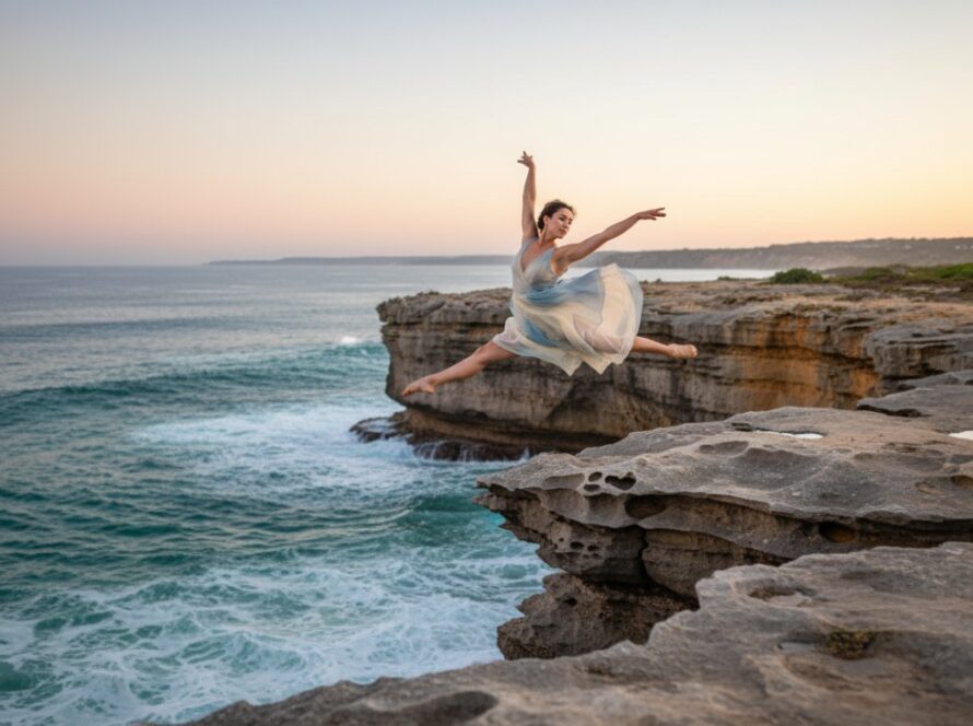 An epic moment of a dancer in full elegant extension against the backdrop of the rugged coastline and shimmering turquoise waters of Sorrento, Victoria, bathed in golden hour light, highlighting the captivating beauty of enchanting Sorrento beach dance photography.