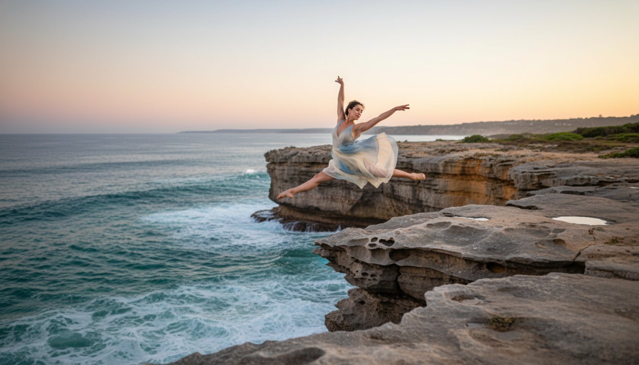 An epic moment of a dancer in full elegant extension against the backdrop of the rugged coastline and shimmering turquoise waters of Sorrento, Victoria, bathed in golden hour light, highlighting the captivating beauty of enchanting Sorrento beach dance photography.