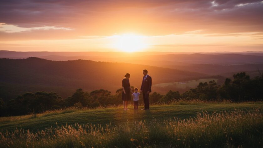 An enchanting Tecoma fine art photography Dandenong Ranges portrait featuring a family silhouetted against a golden sunset over the Dandenong Ranges, capturing a tender, epic moment of connection amidst the dramatic landscape.