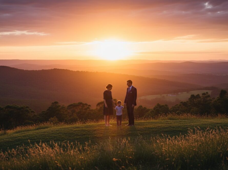 An enchanting Tecoma fine art photography Dandenong Ranges portrait featuring a family silhouetted against a golden sunset over the Dandenong Ranges, capturing a tender, epic moment of connection amidst the dramatic landscape.