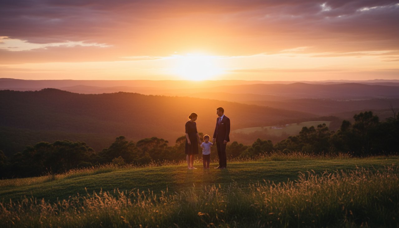 An enchanting Tecoma fine art photography Dandenong Ranges portrait featuring a family silhouetted against a golden sunset over the Dandenong Ranges, capturing a tender, epic moment of connection amidst the dramatic landscape.