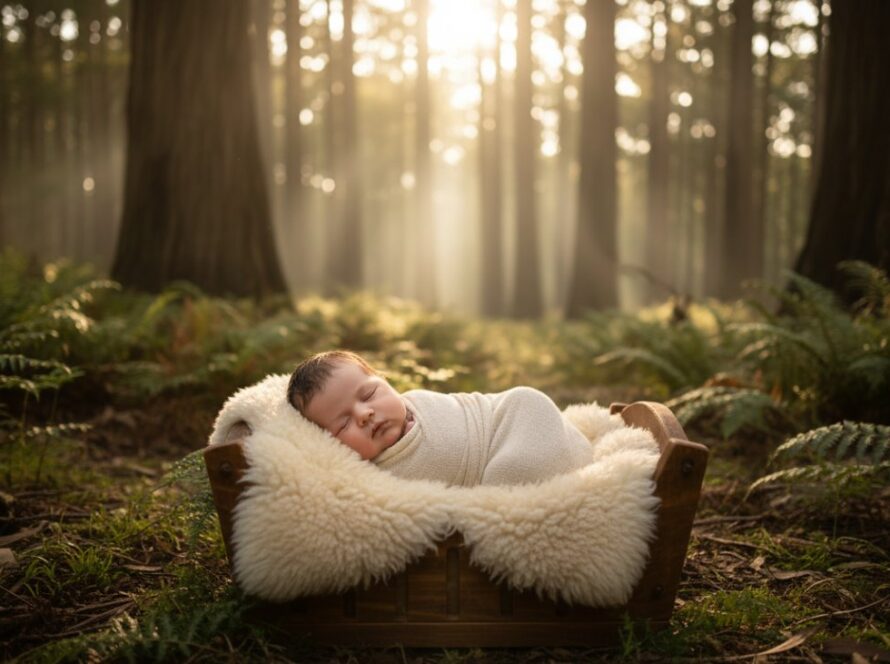 An epic moment of enchanting Toolangi newborn photography: a baby peacefully sleeping in a rustic wooden bassinet, bathed in warm, soft sunlight filtering through eucalyptus leaves, with a subtle, blurred backdrop of Toolangi's serene forest, evoking immense family joy and natural beauty.