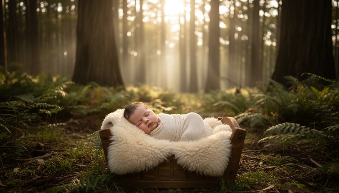 An epic moment of enchanting Toolangi newborn photography: a baby peacefully sleeping in a rustic wooden bassinet, bathed in warm, soft sunlight filtering through eucalyptus leaves, with a subtle, blurred backdrop of Toolangi's serene forest, evoking immense family joy and natural beauty.