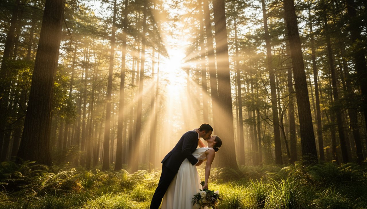 An intimate close-up of a newlywed couple sharing a joyous, tender kiss amidst the ethereal, mist-shrouded rainforest canopy in Toolangi, capturing enchanting Toolangi wedding photography moments with soft, natural light filtering through the trees.
