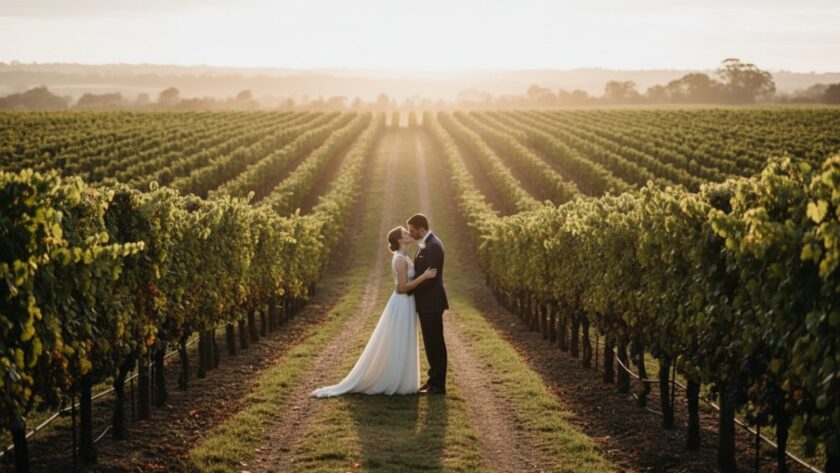 An epic moment of a newlywed couple embracing passionately amidst the golden hour glow of a Wandin North vineyard, showcasing enchanting Wandin North vineyard wedding photography with dramatic backlighting and a sweeping rural landscape.