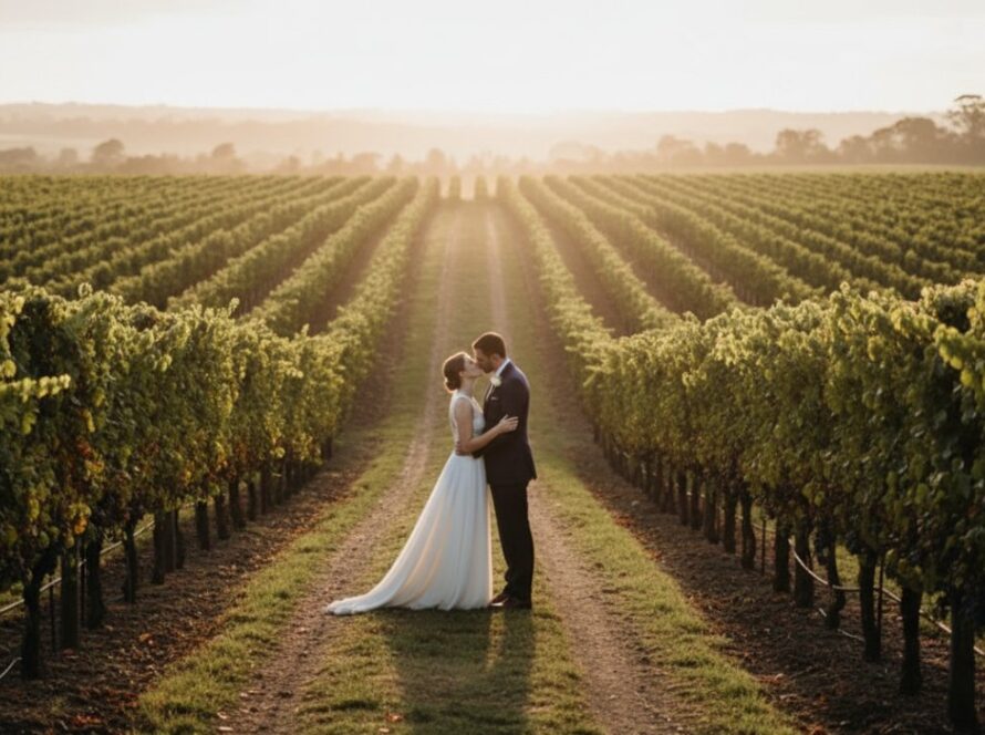 An epic moment of a newlywed couple embracing passionately amidst the golden hour glow of a Wandin North vineyard, showcasing enchanting Wandin North vineyard wedding photography with dramatic backlighting and a sweeping rural landscape.