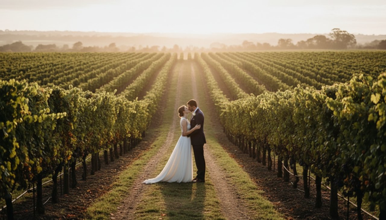 An epic moment of a newlywed couple embracing passionately amidst the golden hour glow of a Wandin North vineyard, showcasing enchanting Wandin North vineyard wedding photography with dramatic backlighting and a sweeping rural landscape.