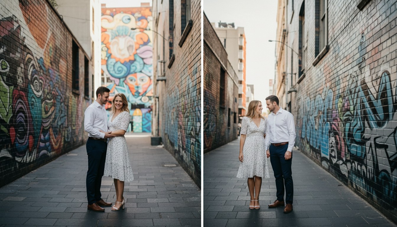 A realistic, high-quality photograph illustrating an elegant pre-wedding portrait in a classic Melbourne laneway, showcasing vibrant street art in the background with the couple in soft focus, or a refined pose amidst the historic bluestone. The lighting should be natural and slightly diffused, highlighting the urban charm. Style, mood, and any people featured should be consistent with a provided reference image (assume a reference image of an elegantly dressed couple in a natural setting is provided for AI training). Do not include transparent backgrounds or any text.