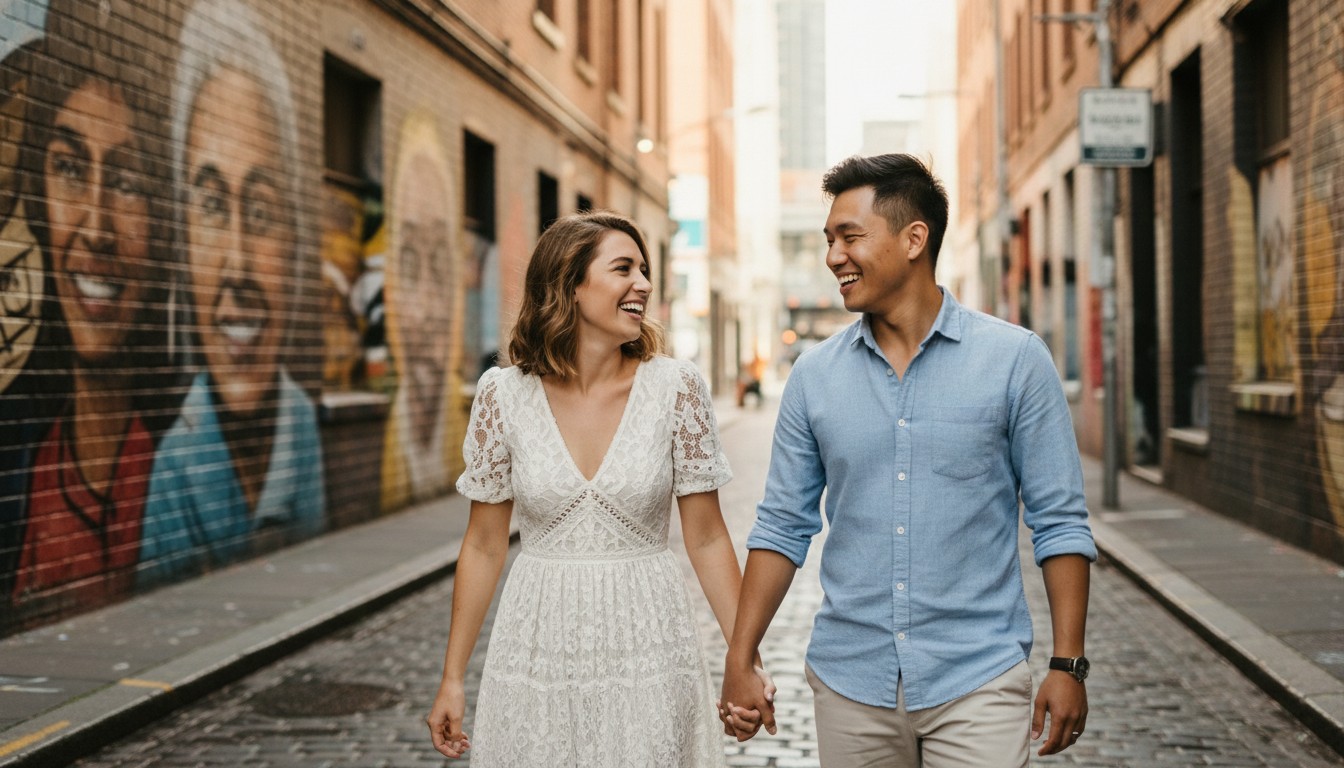 A realistic, high-quality photograph illustrating genuine connection, featuring an engaged couple playfully interacting amidst vibrant street art in a historic Melbourne laneway, with soft, natural light filtering through urban architecture. The focus is on candid laughter and shared glances, without direct posing. Reference the provided sample image for style, mood, and to maintain consistency with any people featured in it. No text.