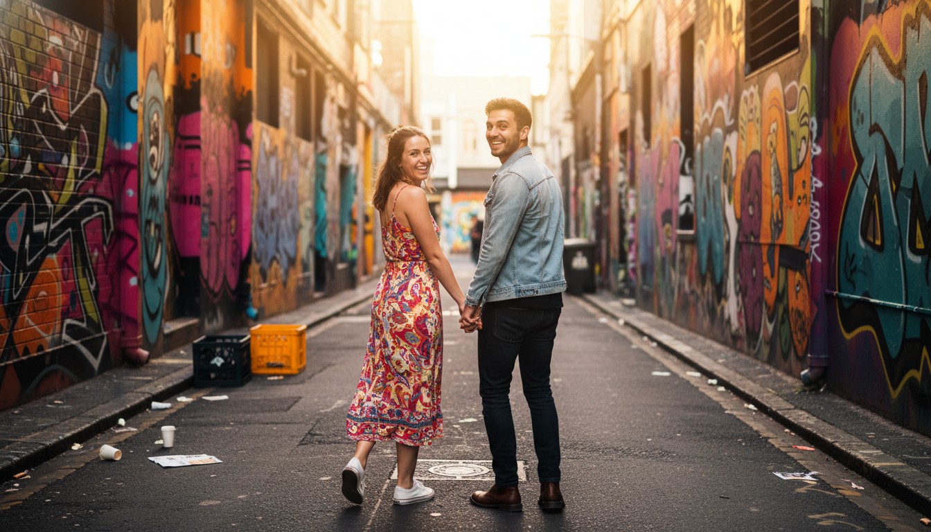 A high-end, candid style photograph of a joyful couple holding hands and looking back at the camera as they stroll down a vibrant, graffiti-filled Fitzroy laneway in Melbourne, bathed in soft afternoon light, capturing their playful love amidst urban charm. No text.