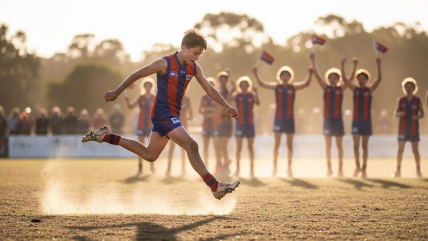 An exhilarating shot of a young football player in mid-air, kicking a goal during an Epic junior football action photography Bittern Victoria session, with dynamic lighting and cheering crowd.