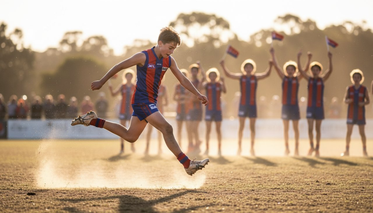 An exhilarating shot of a young football player in mid-air, kicking a goal during an Epic junior football action photography Bittern Victoria session, with dynamic lighting and cheering crowd.