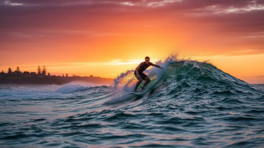 An incredibly dramatic and impactful shot of a surfer mid-air, silhouetted against a golden hour sky, perfectly embodying epic surf photography Balnarring Beach Victoria.