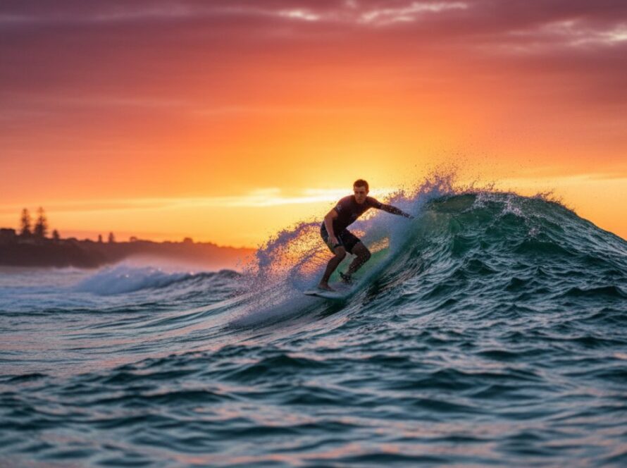 An incredibly dramatic and impactful shot of a surfer mid-air, silhouetted against a golden hour sky, perfectly embodying epic surf photography Balnarring Beach Victoria.