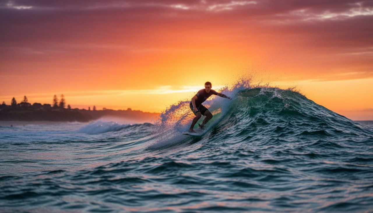 An incredibly dramatic and impactful shot of a surfer mid-air, silhouetted against a golden hour sky, perfectly embodying epic surf photography Balnarring Beach Victoria.