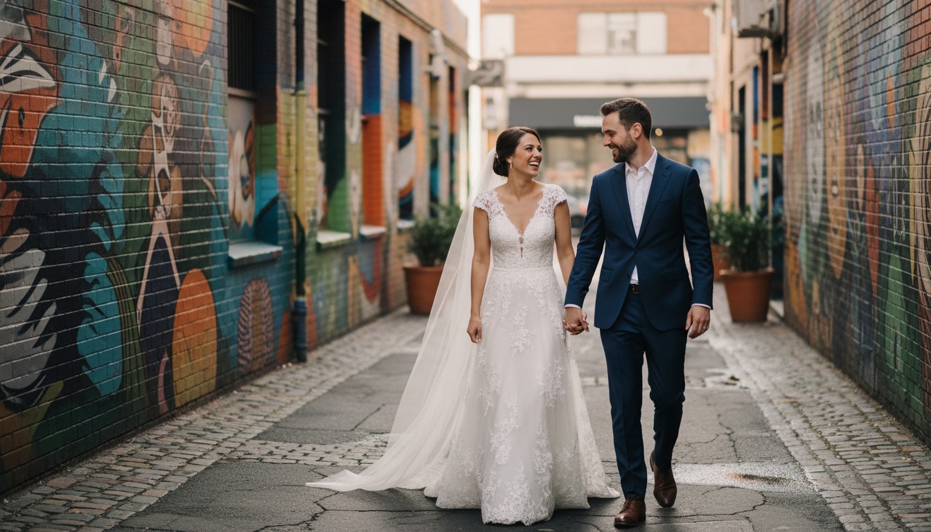A romantic, high-end candid shot of a couple laughing genuinely while strolling hand-in-hand through a vibrant, mural-painted Fitzroy laneway in Melbourne, bathed in soft afternoon light, embodying a timeless, fine-art wedding aesthetic. No text.