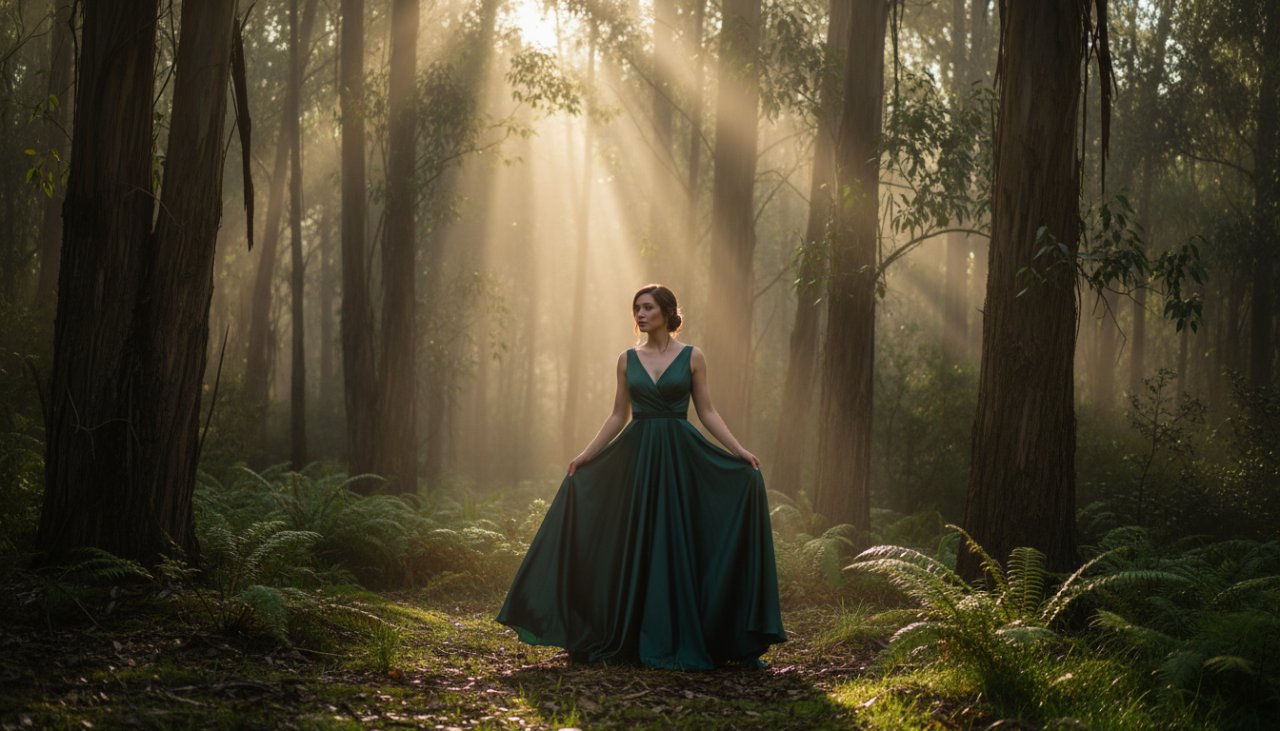 An ethereal Belgrave fine art photography session captures a woman in a flowing gown amidst misty Dandenong Ranges, sunlight filtering through ancient trees, creating a cinematic, dreamlike portrait.