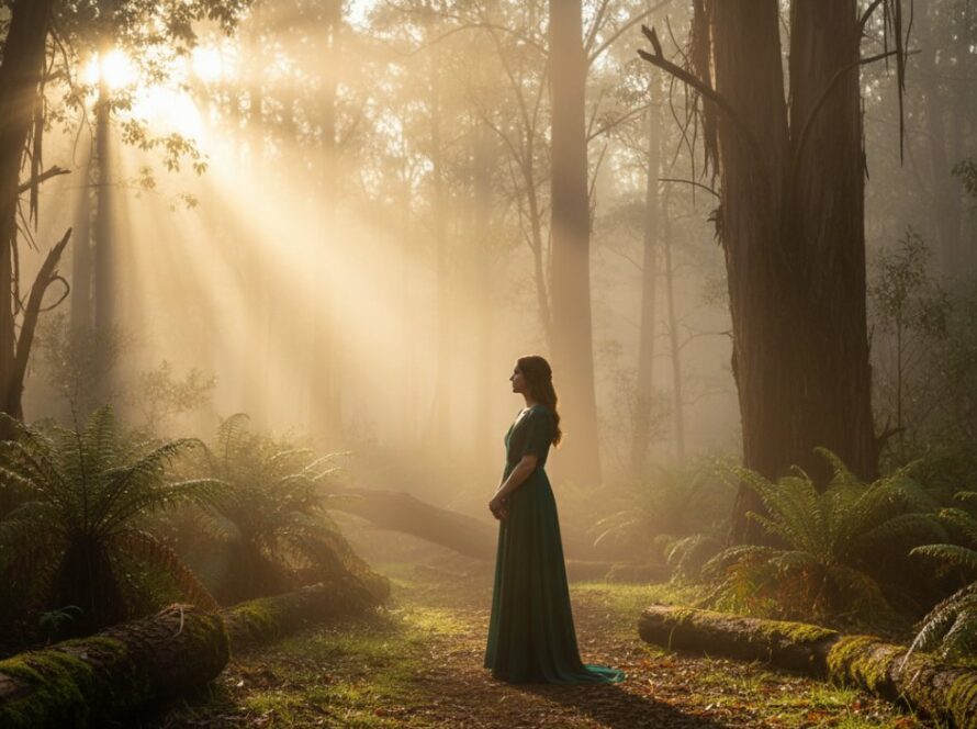 An ethereal fine art photography Belgrave South portrait featuring a solitary figure silhouetted against a misty, sun-dappled forest path in the Dandenong Ranges, evoking profound emotion and timeless beauty.