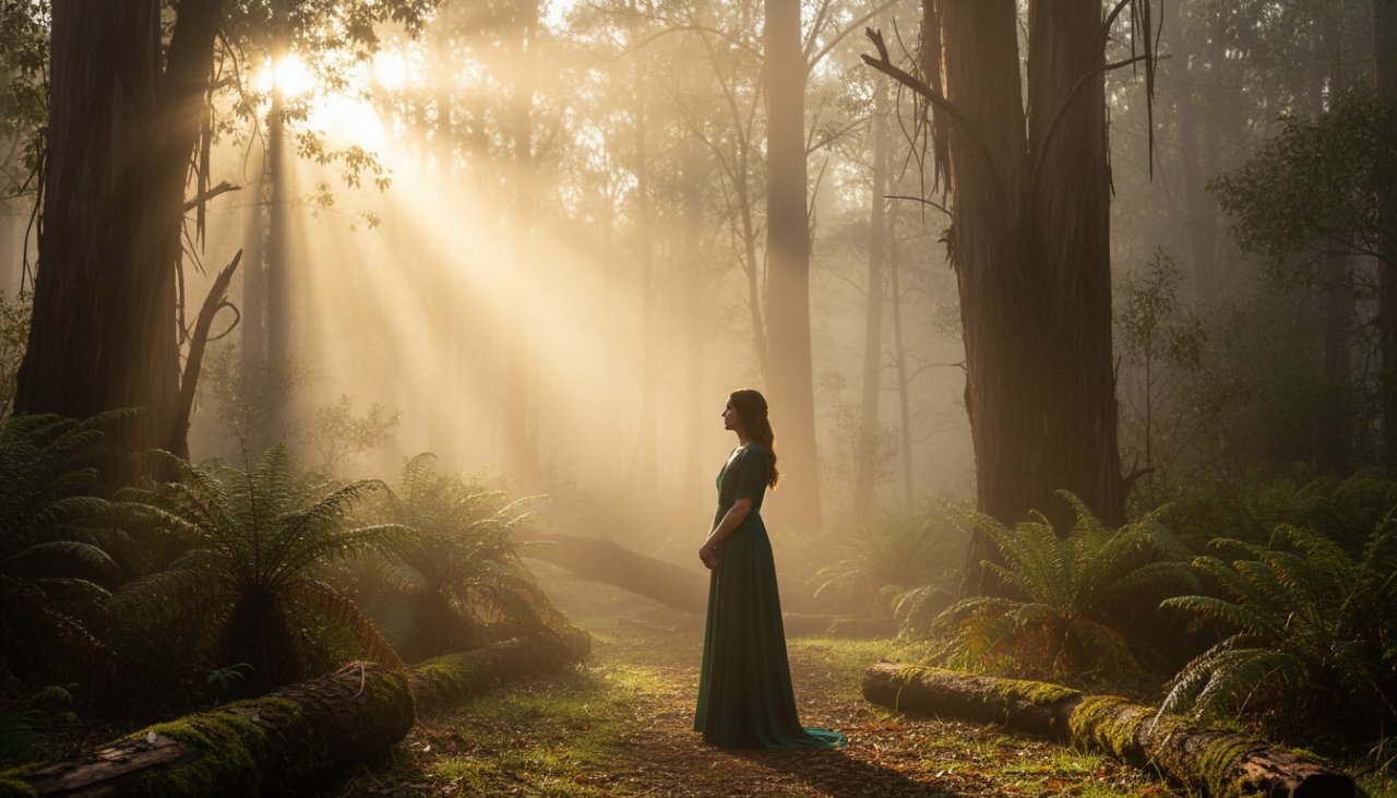 An ethereal fine art photography Belgrave South portrait featuring a solitary figure silhouetted against a misty, sun-dappled forest path in the Dandenong Ranges, evoking profound emotion and timeless beauty.