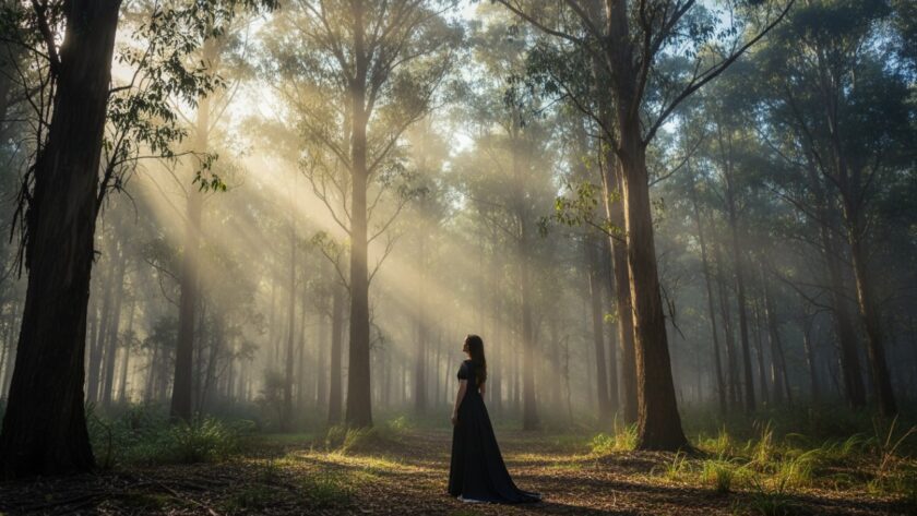 A dramatic fine art photograph showcasing the ethereal fine art photography Cockatoo ranges, featuring a solitary figure silhouetted against a misty, sun-drenched forest, capturing an epic moment of profound natural beauty and human contemplation.